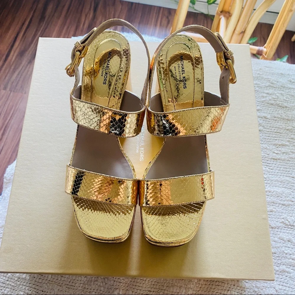 Michael KORS Collection Blaire Metallic Gold Python Platform Snakeskin Sandals
